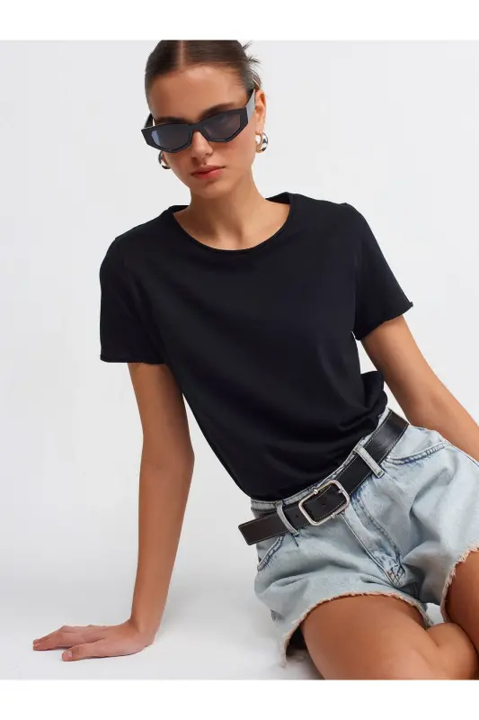 30817 Bisiklet Yaka T-shirt-Siyah-Siyah - 4