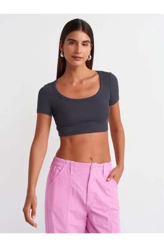 30876 Kısa Kollu Crop Top-Antrasit - Antrasit - 1
