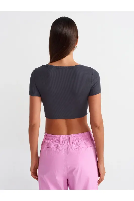 30876 Kısa Kollu Crop Top-Antrasit - Antrasit - 2