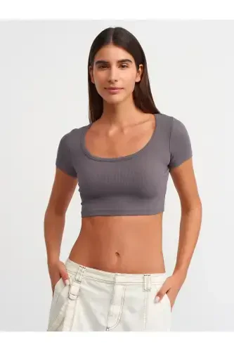 30876 Kısa Kollu Crop Top-Füme-Füme - 1
