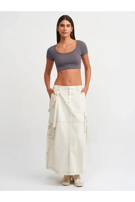 30876 Kısa Kollu Crop Top-Füme-Füme - 3