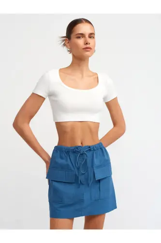 30876 Qisqa Yengli Crop Top - Ekru 