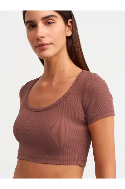 30876 Qisqa yengli Crop Top-Qahva-Qahva - 3