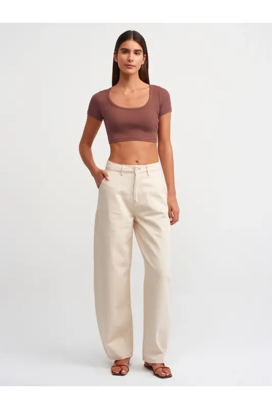 30876 Qisqa yengli Crop Top-Qahva-Qahva - 4