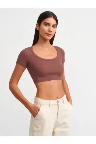 30876 Qisqa yengli Crop Top-Qahva-Qahva - 1