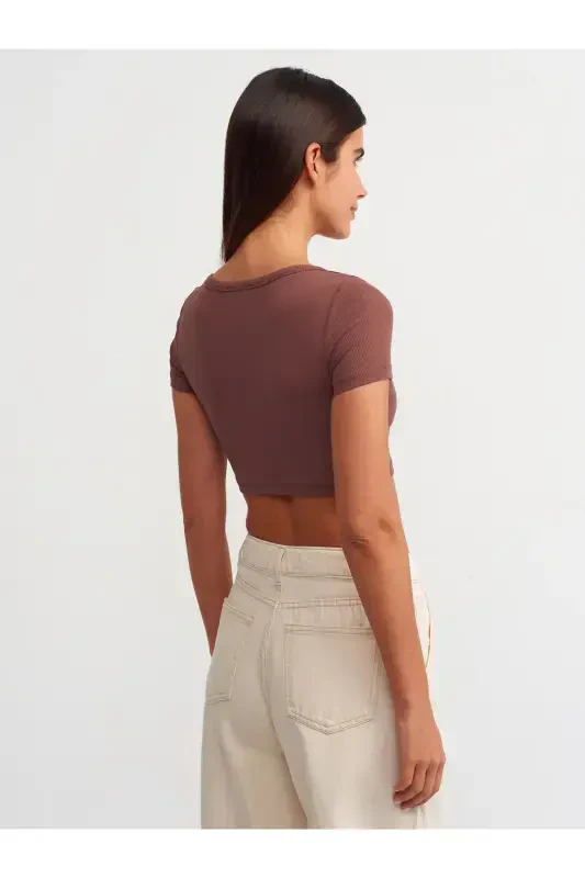 30876 Qisqa yengli Crop Top-Qahva-Qahva - 2