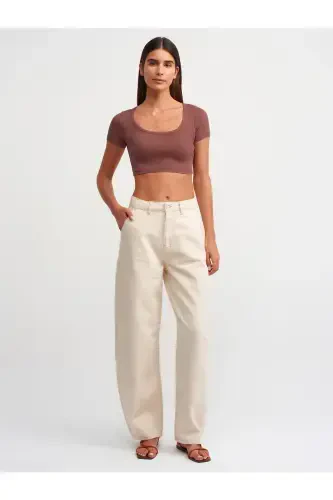 30876 Qisqa yengli Crop Top-Qahva-Qahva - 4