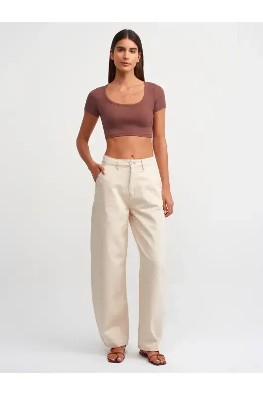 30876 Qisqa yengli Crop Top-Qahva-Qahva - 4