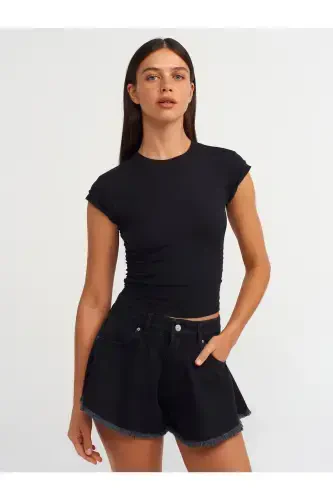 30899 Ruched Detail Top-Black-Black - 1