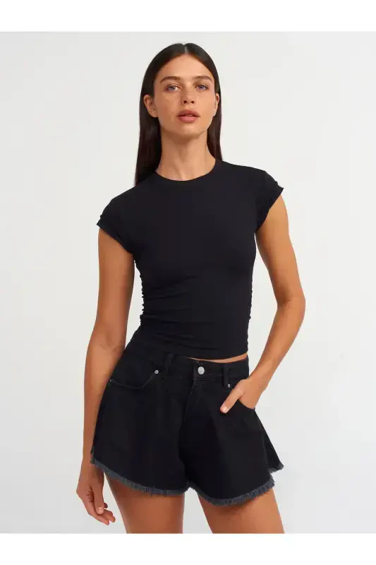 30899 Ruched Detail Top-Black-Black - 1