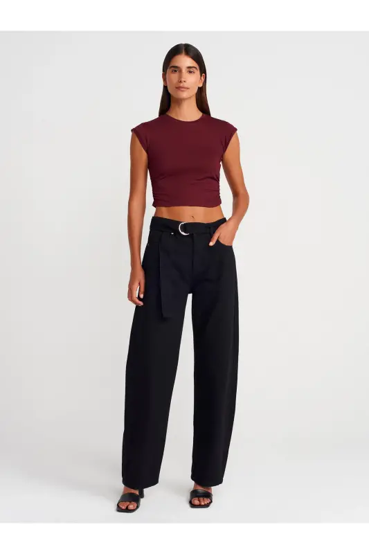 30899 Ruched Detail Top-Burgundy-Burgundy - 4