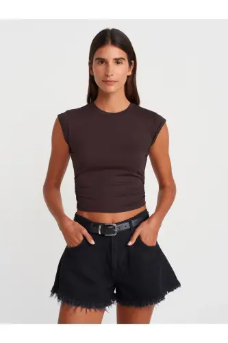30899 Ruched Detail Top-Dark Brown-Dark Brown 