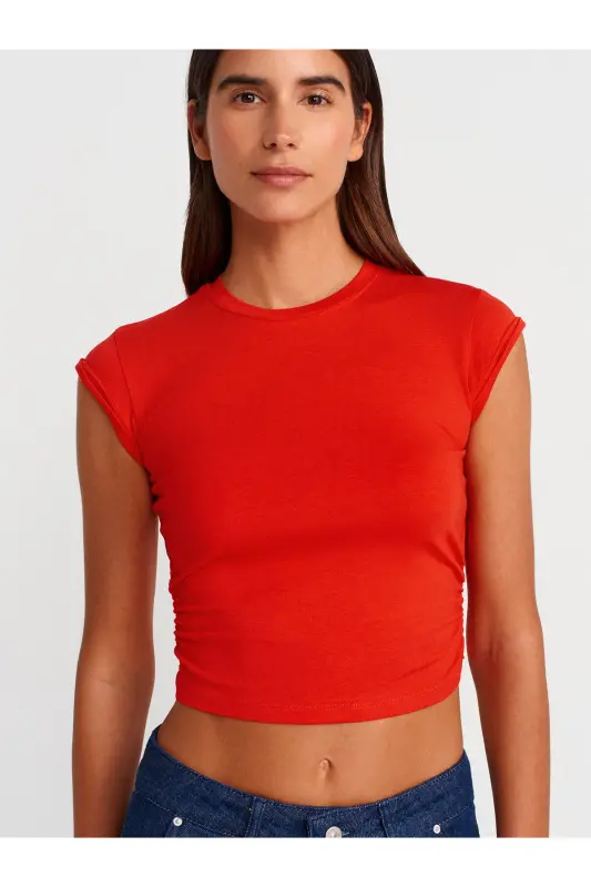30899 Ruched Detail Top-Red-Red - 3