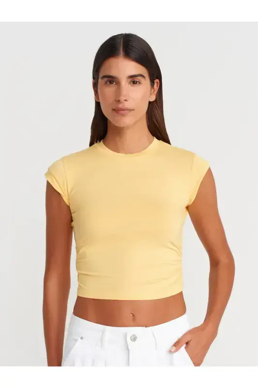 30899 Ruched Detail Top-Yellow-Yellow - 1