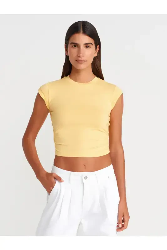 30899 Ruched Detail Top-Yellow-Yellow - 3