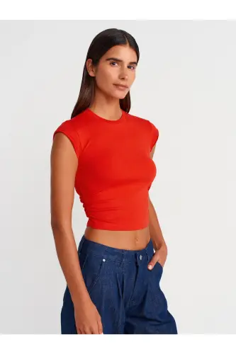 30899 Yonlari Büzgü Detayli Top-Qizil-Qizil 