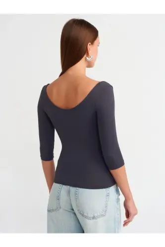 30900 Kayık Yaka Poliamid T-shirt-antrasit-Antrasit - 2