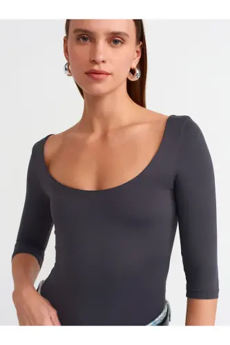 30900 Kayık Yaka Poliamid T-shirt-antrasit-Antrasit - 3