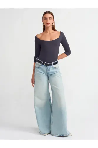 30900 Kayık Yaka Poliamid T-shirt-antrasit-Antrasit - 4