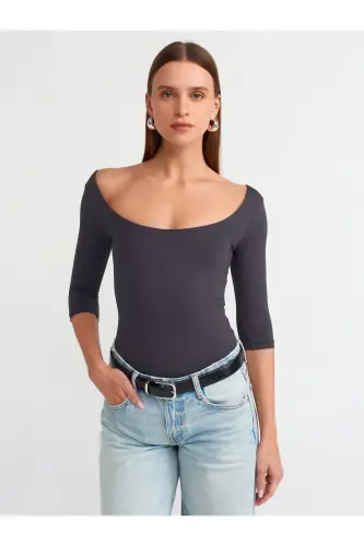 30900 Kayık Yaka Poliamid T-shirt-antrasit-Antrasit - 1