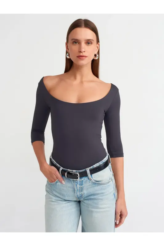 30900 Kayık Yaka Poliamid T-shirt-antrasit-Antrasit - DILVIN