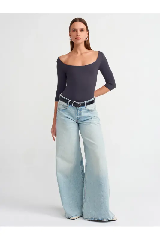 30900 Kayık Yaka Poliamid T-shirt-antrasit-Antrasit - 4