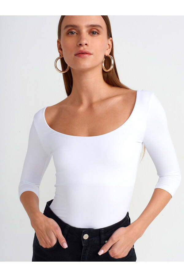 30900 Kayık Yaka Poliamid T-shirt-beyaz-Beyaz - 7