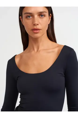 30900 Kayık Yaka Poliamid T-shirt-siyah-Siyah - 4