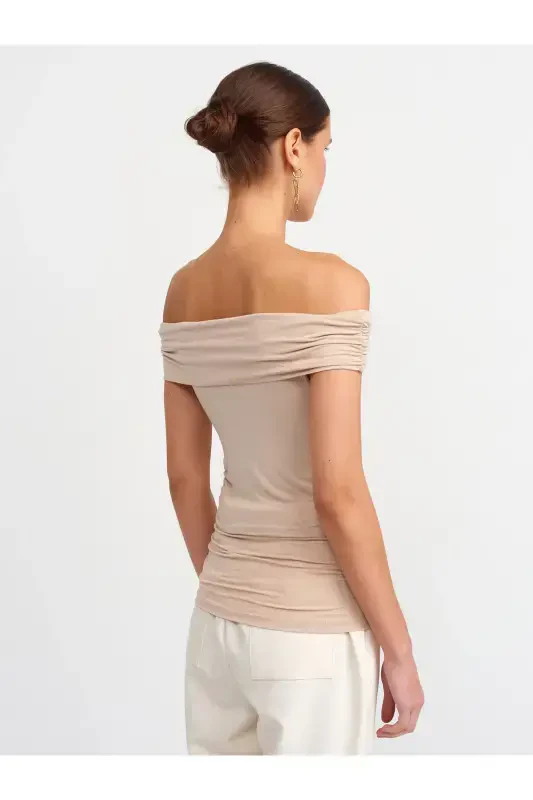 30902 Off-Shoulder Ruched Top-Beige-Beige - 2
