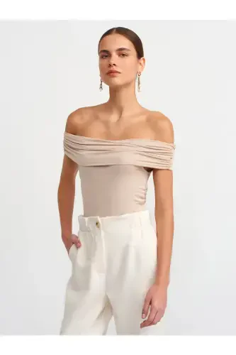30902 Off-Shoulder Ruched Top-Beige-Beige - 4