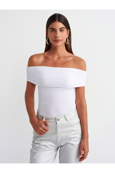 30902 Off-Shoulder Ruched Top - White - DILVIN
