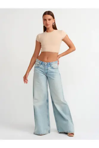 30936 Tana mos tushadigan Crop Top-Ochiq Bej-Ochiq Bej - 3