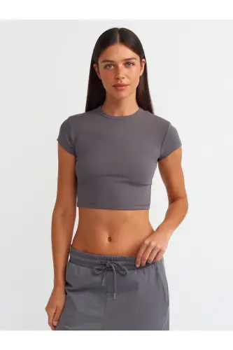 30936 Vücuda Oturan Crop Top-Füme-Füme - 1