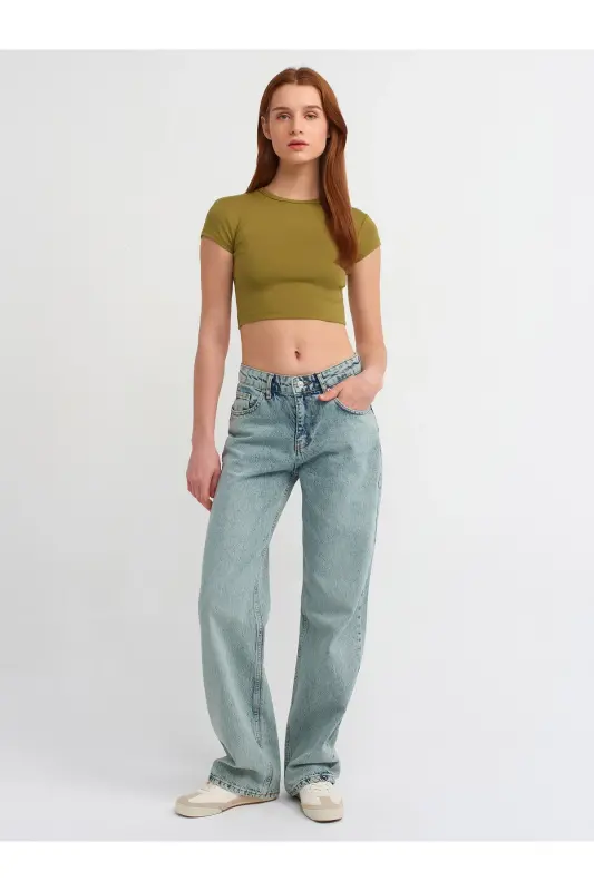 30936 Vücuda Oturan Crop Top-Haki-Haki - 1
