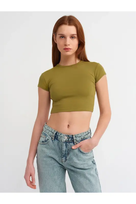 30936 Vücuda Oturan Crop Top-Haki-Haki - 3