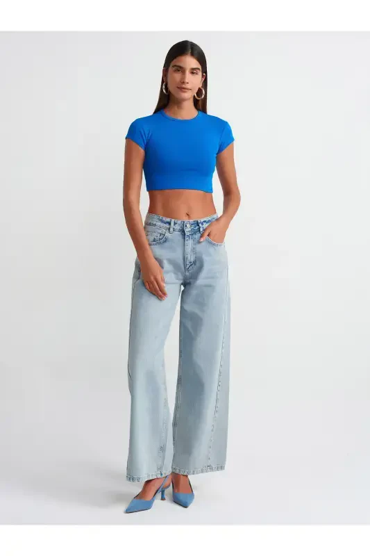 30936 Vujudga O‘tirgan Crop Top-Saks-Saks - 3