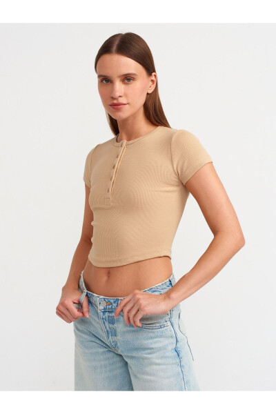 30938 Button Detail Crop Top - Beige - 9