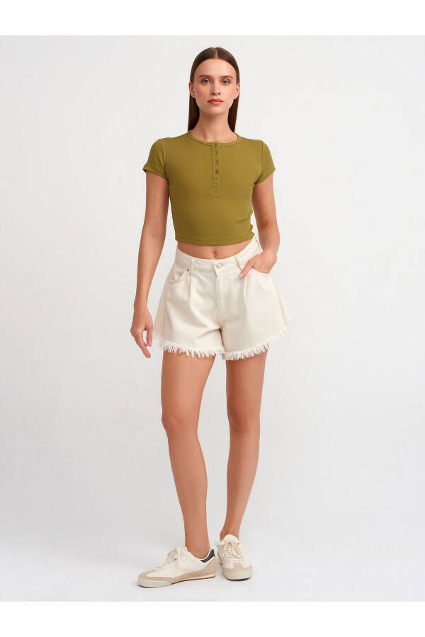 30938 Button Detail Crop Top-Khaki - 3