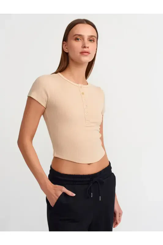 30938 Button Detail Crop Top-Light Beige-Light Beige - DILVIN