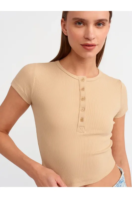 30938 Button Detailed Crop Top-Beige - Beige - 3