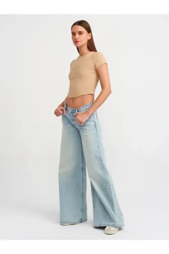 30938 Button Detailed Crop Top-Beige - Beige - 4