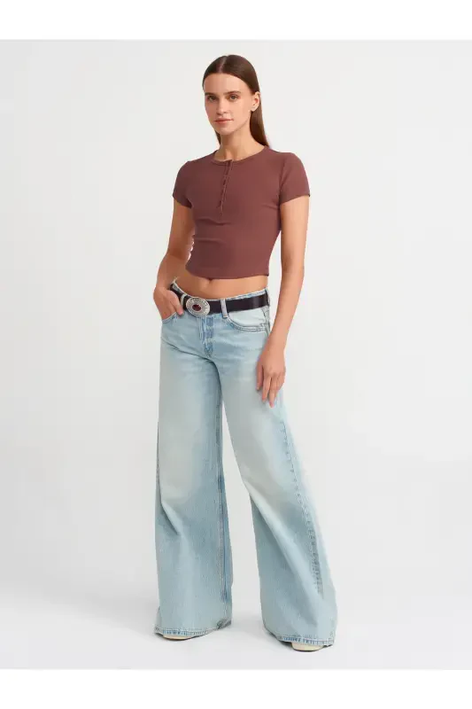 30938 Button Detailed Crop Top-Brown-Brown - DILVIN