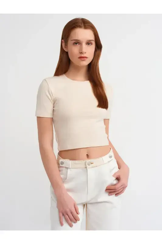 30995 Crop T-shirt-Bej Melanj-Bej Melanj - DILVIN