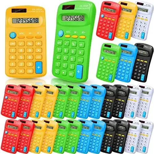30 Pack Pocket Calculator Small Battery Powered Bulk Mini Size 4 Function Hand Held Basic Calculator for Students Kids School Home Office(Green, White, Red, Yellow, Blue, Black) 