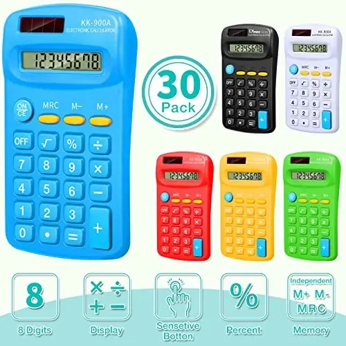 30 Pack Pocket Calculator Small Battery Powered Bulk Mini Size 4 Function Hand Held Basic Calculator for Students Kids School Home Office(Green, White, Red, Yellow, Blue, Black) - FLUTESAN (1)
