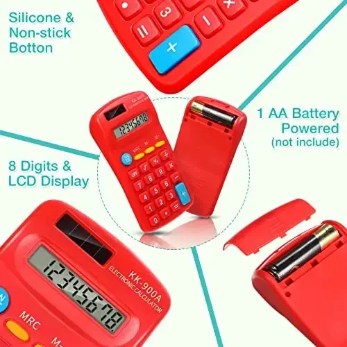 30 Pack Pocket Calculator Small Battery Powered Bulk Mini Size 4 Function Hand Held Basic Calculator for Students Kids School Home Office(Green, White, Red, Yellow, Blue, Black) - 3