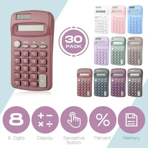 30 Pack Pocket Calculator Small Battery Powered Bulk Mini Size 4 Function Hand Held Basic Calculator for Students Kids School Home Office(Multicolor) - 4