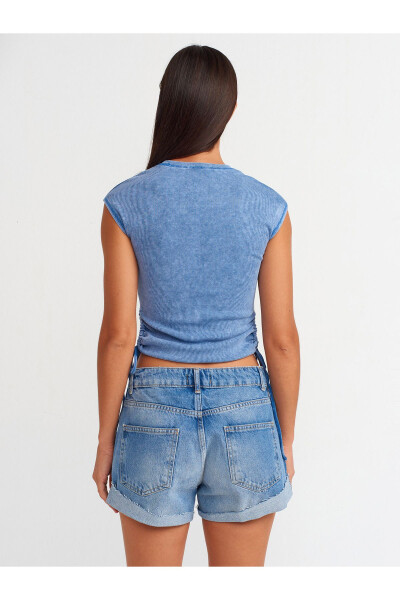 31018 Derazali Tafsilotli Yig'ilgan Bluzka - Indigo - 14