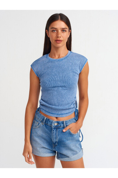 31018 Derazali Tafsilotli Yig'ilgan Bluzka - Indigo - 5