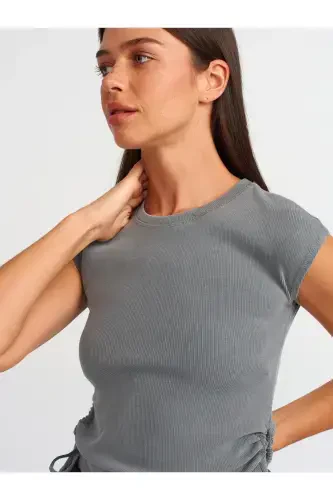 31018 Window Detailed Ribbed Blouse-gray-Gray - 1